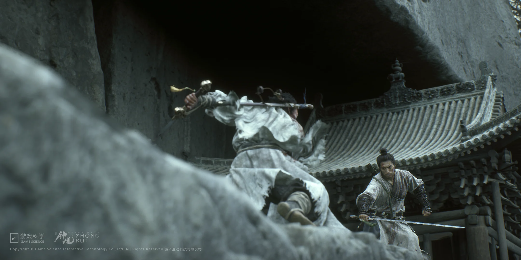 Official Black Myth Zhong Kui still showing two sword fighters below a temple roof